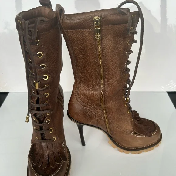 Tory Burch Trigg Brown Leather Rugged Stilleto Heel Kiltie Fringe Boot Size 9. - Picture 3 of 7